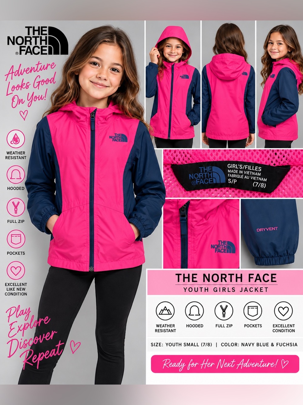 The North Face Girls DryVent Hooded Rain Jacket Pink Navy Youth Small 7/8